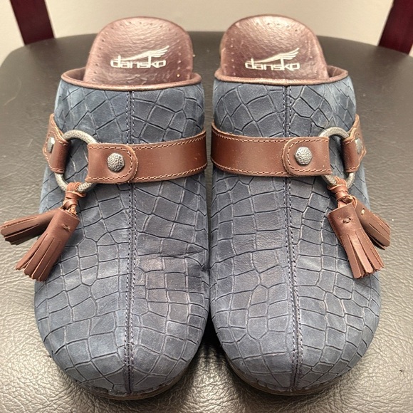 Dansko Sandi Blue Suede Platform Clogs with Brown Tassels - Picture 1 of 4